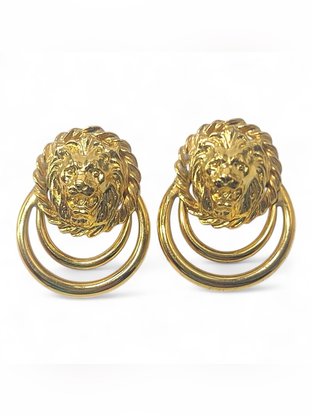 Vintage Anne Klein Clip On Gold Lion Head Hoop Drop Earrings